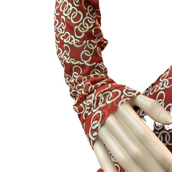 CAbi Red Geometric Long Sleeve Wrap Top Sz M Coach Cowgirl Chain Design Academia - Picture 6 of 15